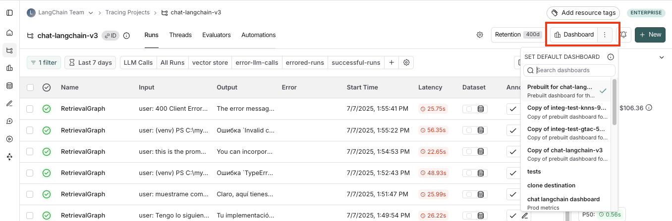 Tracing project to dashboard